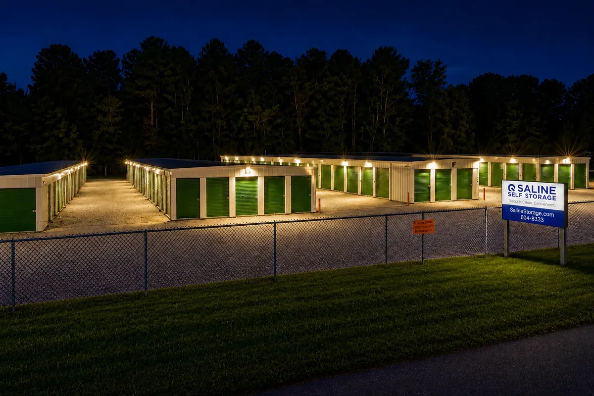Saline Self Storage facility at night with illuminated units
